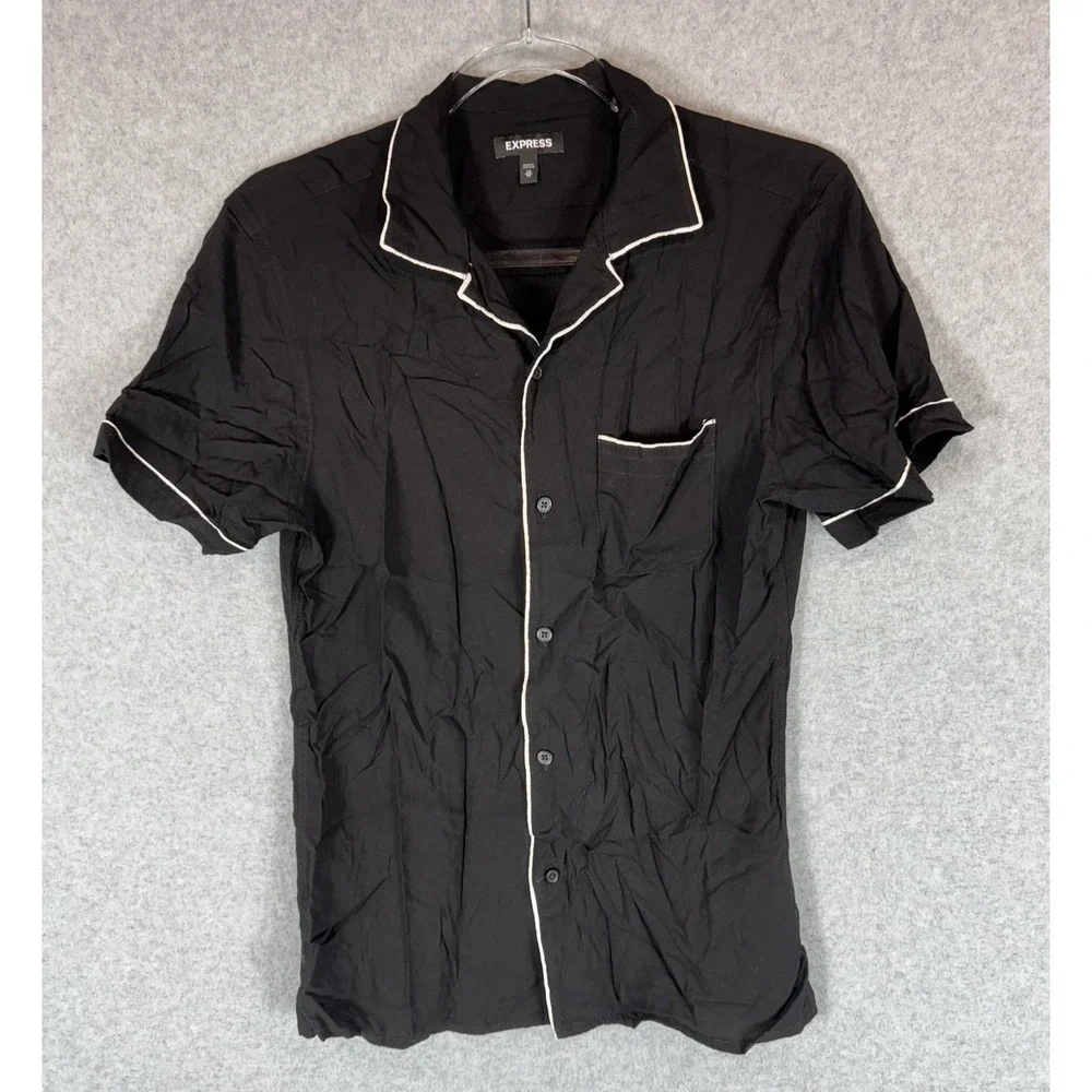 Express Shirt Womens XS Black Short Sleeve Button Up White Trim Pajama Top XS